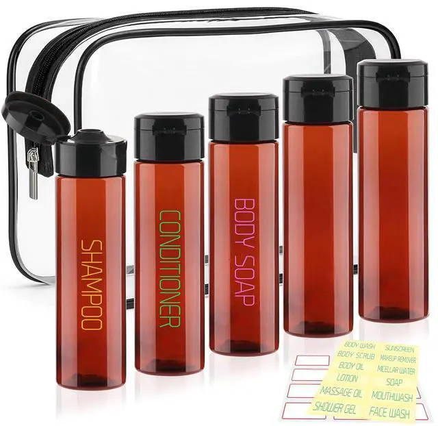 Main image of 3.4oz Travel Bottles for Toiletries 5 Pack Brown Shampoo Bottles