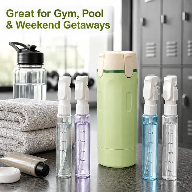 Alt view image 2 of 7 - 4-in-1 30ML Travel Size Dispenser Toiletries Bottles, Leak-Proof Refillable Containers Dispensers Labels Portable Toiletry Organizer Cup for Shampoo, Lotion, Soap Travel Essentials Green