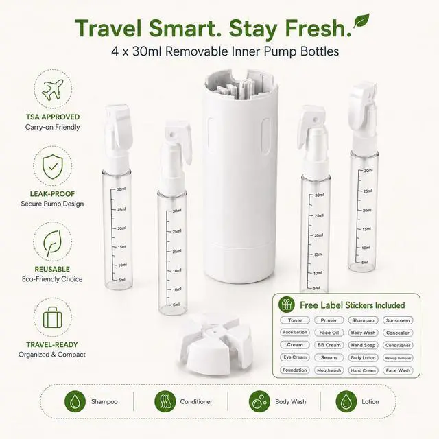 Alt view image 5 of 7 - 4-in-1 30ML Travel Size Dispenser Toiletries Bottles, Leak-Proof Refillable Containers Dispensers Labels Portable Toiletry Organizer Cup for Shampoo, Lotion, Soap Travel Essentials Green