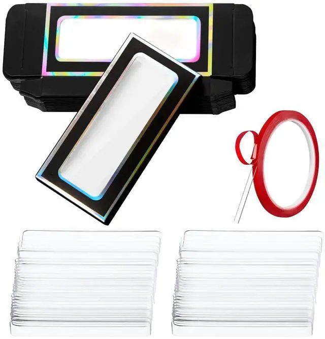 Main image of 60 Pcs Empty Press on Nails Packaging Box Set 30 Clear Glitter Paper Eyelash Storage Box and 30 Acrylic Nail Display Stand Holder with 1 Red Double Sided Tapes for Salon Home Office