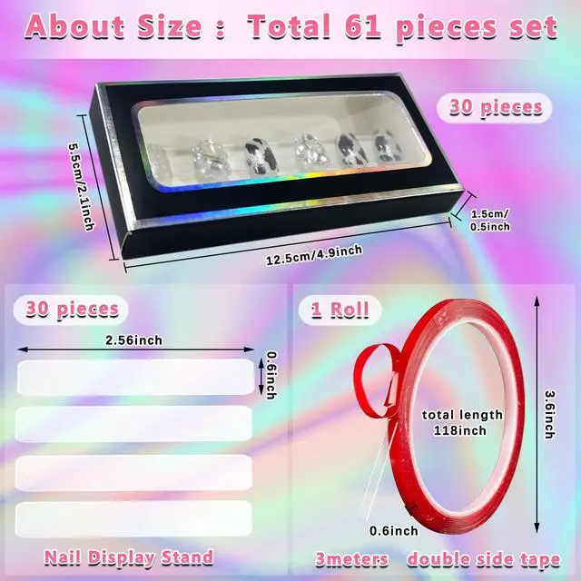 Alt view image 3 of 7 - 60 Pcs Empty Press on Nails Packaging Box Set 30 Clear Glitter Paper Eyelash Storage Box and 30 Acrylic Nail Display Stand Holder with 1 Red Double Sided Tapes for Salon Home Office