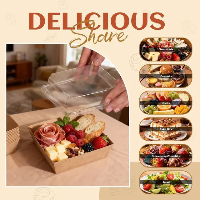 Alt view image 5 of 7 - 50 Pack Brown Lidded Grazing Boxes 5.3x4.9x2.5in for Picnic Bites
