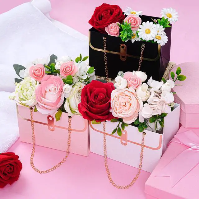 Alt view image 2 of 6 - 6pcs Flower Paper Gift Box Bouquet Storage Bucket Handbag with Metal Chain Flower Boxes for Arrangements Wedding Valentine's Mother's Day Birthday Bridal Showe