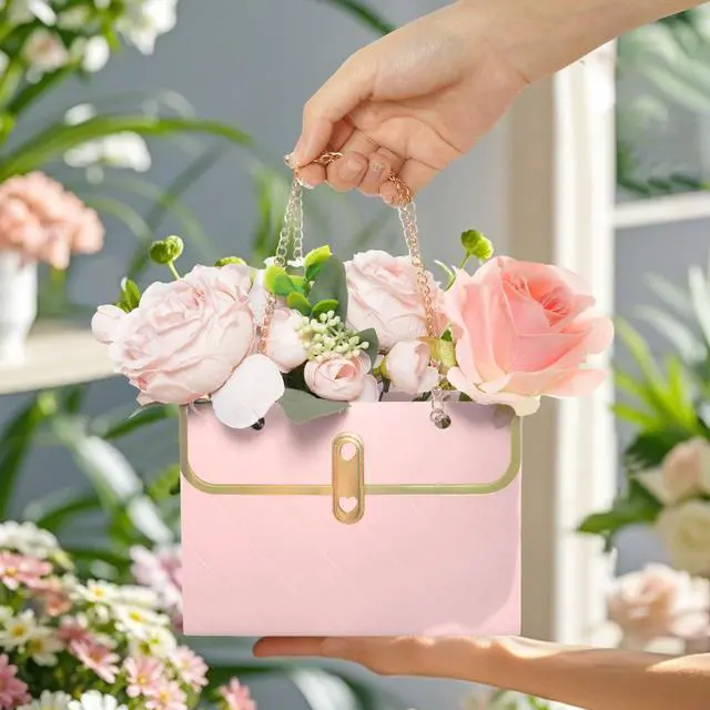 Alt view image 6 of 6 - 6pcs Flower Paper Gift Box Bouquet Storage Bucket Handbag with Metal Chain Flower Boxes for Arrangements Wedding Valentine's Mother's Day Birthday Bridal Showe