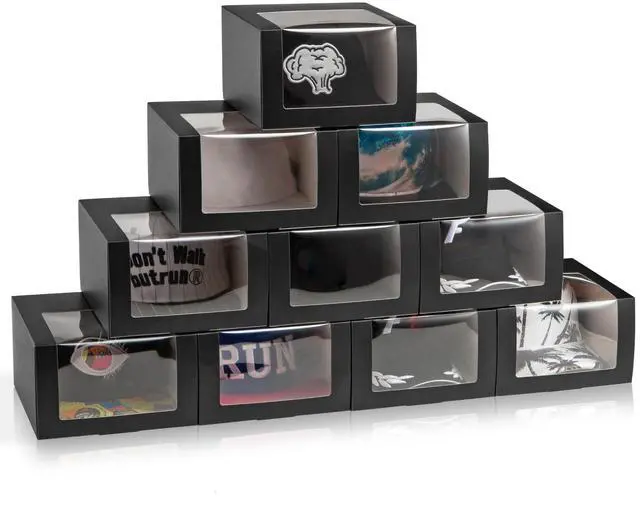 Main image of Black Gift Boxes with Window Display for Hat Storage Containter for Baseball Caps (Fitted, Snapbacks, Trucker) 7.8" x 7.8" x 4.8", 10 Pack