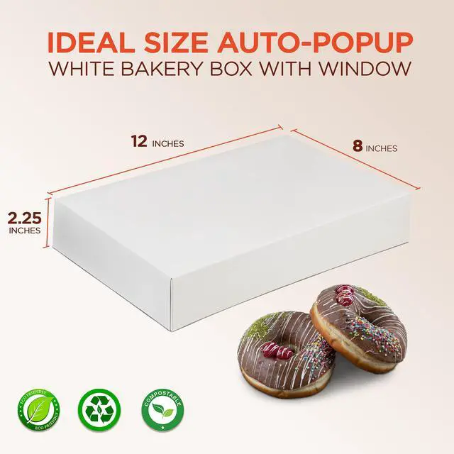 Alt view image 2 of 7 - 25 Pack 12x8x2.25'' White Bakery Box - Holds 6 Donuts, Auto-Popup Cardboard Gift Packaging and Baking Containers, Cookies, Brownies, Pastry and Bread Boxes