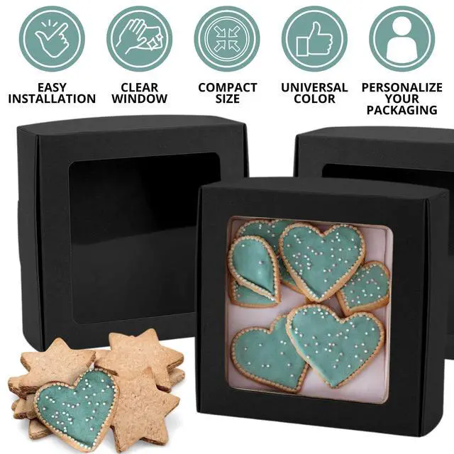 Alt view image 5 of 7 - 30PCS Cookie Boxes Black with Window - 4.13 x 4.13 x 1.18 Inch Durable Packaging for Baked Goods Small Bakery Containers for Pastries Gift Giving Bulk Food Storage Elegant Display for Desserts