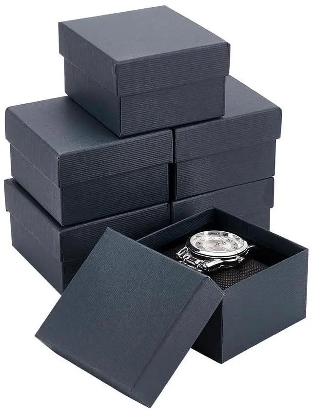 Main image of 6 Pack Kraft Cardboard Watch Storage Gift Box, 3.2x3x2inch Rectangle Present Jewelry Box with Nonwoven Cloth Cushion for Bangle Wrist Watch Bracelet Packaging, Midnight Blue