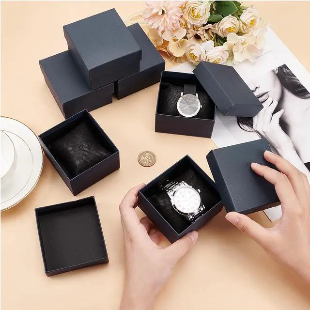 Alt view image 3 of 6 - 6 Pack Kraft Cardboard Watch Storage Gift Box, 3.2x3x2inch Rectangle Present Jewelry Box with Nonwoven Cloth Cushion for Bangle Wrist Watch Bracelet Packaging, Midnight Blue