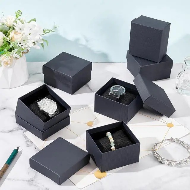 Alt view image 5 of 6 - 6 Pack Kraft Cardboard Watch Storage Gift Box, 3.2x3x2inch Rectangle Present Jewelry Box with Nonwoven Cloth Cushion for Bangle Wrist Watch Bracelet Packaging, Midnight Blue