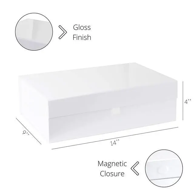 Alt view image 4 of 7 - White Hard Gift Box With Magnetic Closure Lid 14" x 9" x 4" Rectangle Favor Boxes With White Glossy Finish (1 Box)