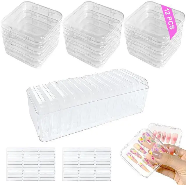 Main image of 12 Pcs Clear Press On Nail Storage Box with Nail Case Container, False Nail Set Organizer Press Ons Packaging Box Display Case with Double Sided Tape for Nail Art Home Salon Nail Business Supplies