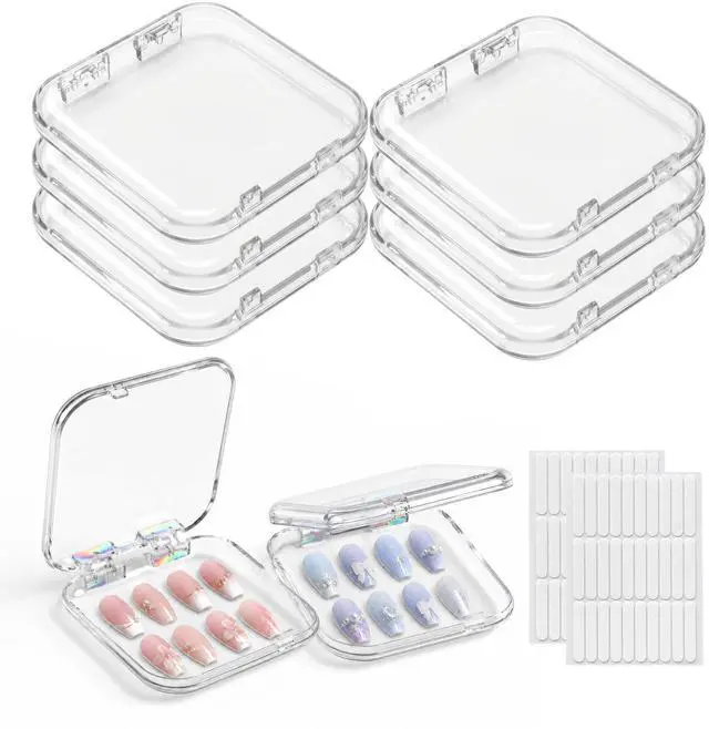 Main image of 6 Pcs Press On Nail Storage Box with 60 Double Sided Adhesive Tapes, Clear Acrylic Nail Packaging Box, Fake Nail Display Case Organizer for Press Ons, Nail Art Business, Salon Supplies