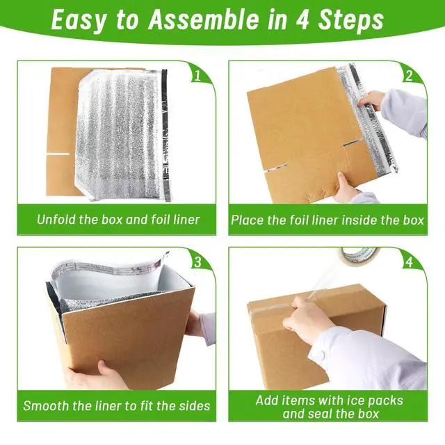Alt view image 5 of 7 - 4 Pack Insulated Shipping Boxes with Foil Liner Bags, Reusable Thermal Cooler Mailing Cartons for Cold Pack Shipping, Hot & Frozen Food Delivery, 8''x5''x6''