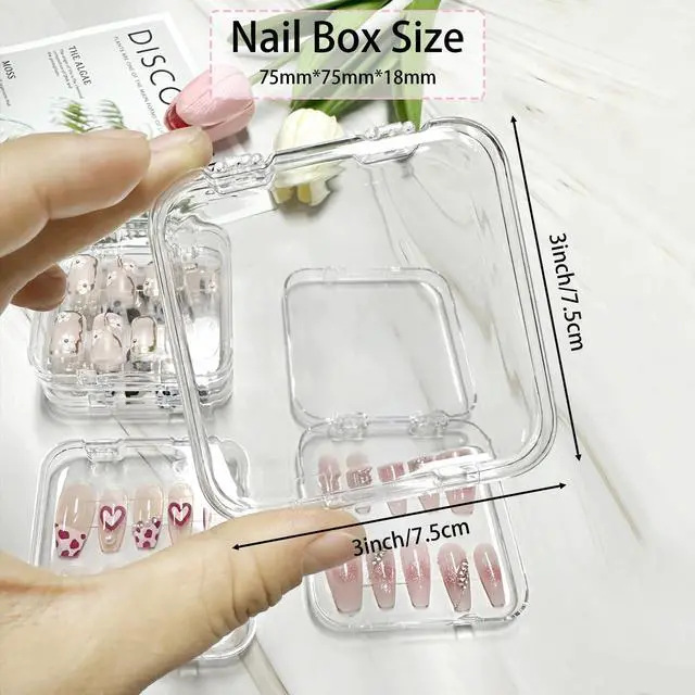 Alt view image 3 of 7 - 12pcs Press on Nail Storage Box with Adhesive Double Sided Tape Clear Acrylic Nail Display Box Artificial False Nail Organizer Box Fake Nail Case Nail Packaging Boxes for Nail Salon