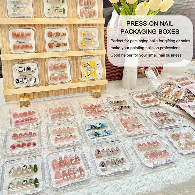 Alt view image 7 of 7 - 12pcs Press on Nail Storage Box with Adhesive Double Sided Tape Clear Acrylic Nail Display Box Artificial False Nail Organizer Box Fake Nail Case Nail Packaging Boxes for Nail Salon
