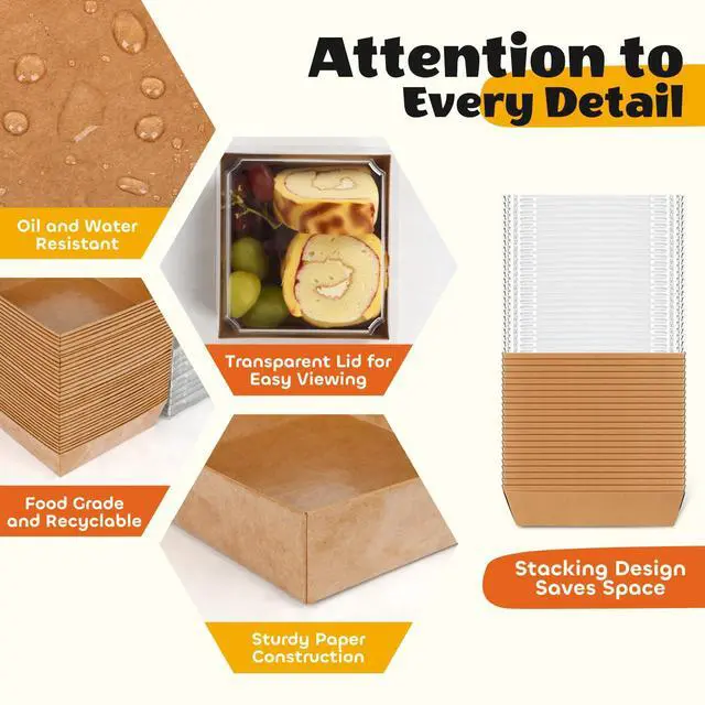 Alt view image 5 of 6 - 20Pcs Small Charcuterie Boxes with Clear Lids - Paper Mini Charcuterie Boxes To Go, Disposable Food Container with Lid, Dessert Boxes for Sandwich, Cookie, Sushi, Cake Slice, and Strawberries