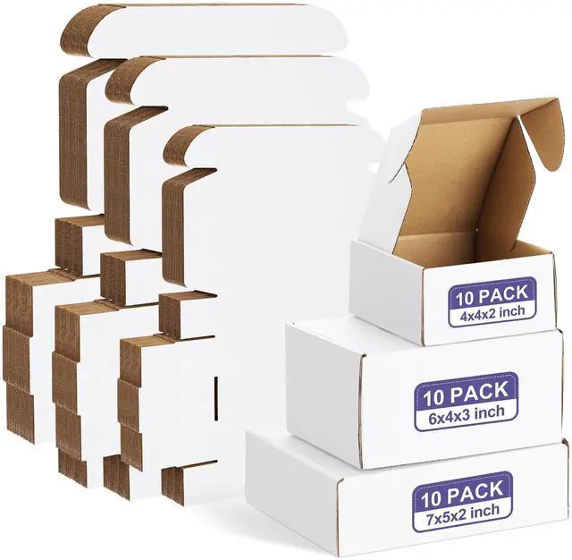 Main image of 30 Pack Small Shipping Boxes Assorted Sizes, 4x4x2, 6x4x3, 7x5x2-10 PCS Each Small Boxes, White Corrugated Box Mailers, Cardboard Boxes for Packaging Small Business, Mailing