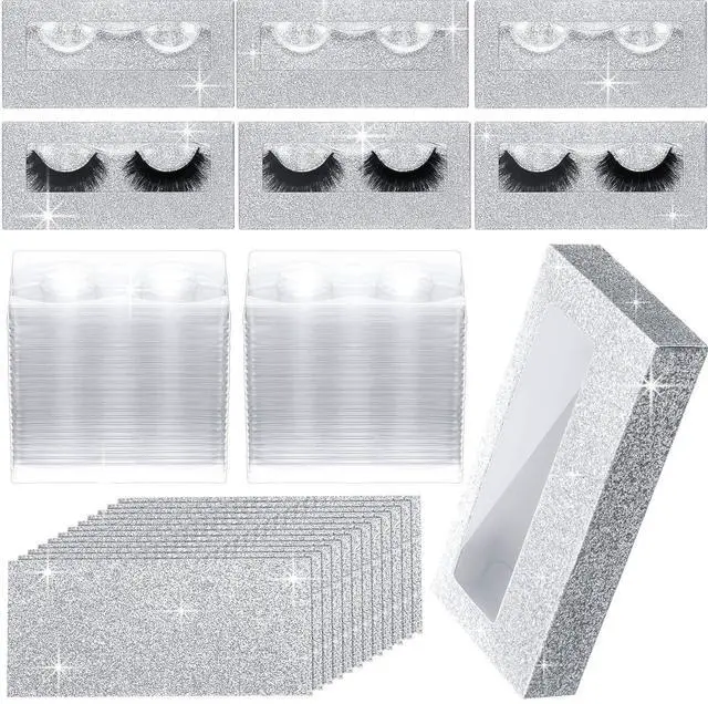 Main image of 50 Sets Empty Lash Case Set, Include Empty Eyelash Box Packaging Storage Box, Eyelash Boxes Tray False Storage, Internal Background Paper(Silver)