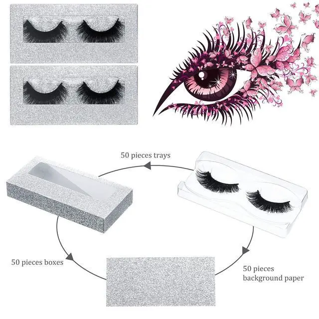 Alt view image 2 of 7 - 50 Sets Empty Lash Case Set, Include Empty Eyelash Box Packaging Storage Box, Eyelash Boxes Tray False Storage, Internal Background Paper(Silver)