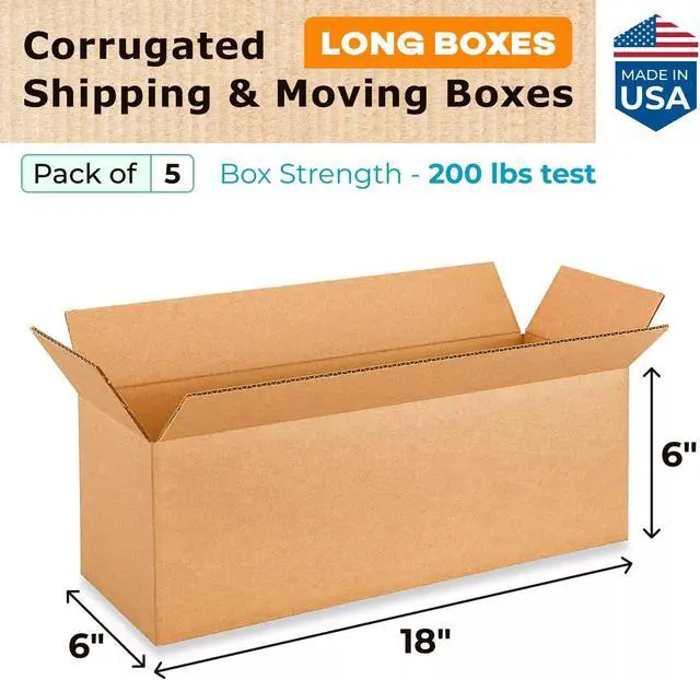 Alt view image 2 of 7 - Long Moving & Shipping Boxes 18 x 6 x 6 inches (5-Pack) - Extra Strength 200 lb vs Regular - Corrugated Moving Boxes for USPS/UPS/FEDEX - Durable Shipping Box - Cardboard Box