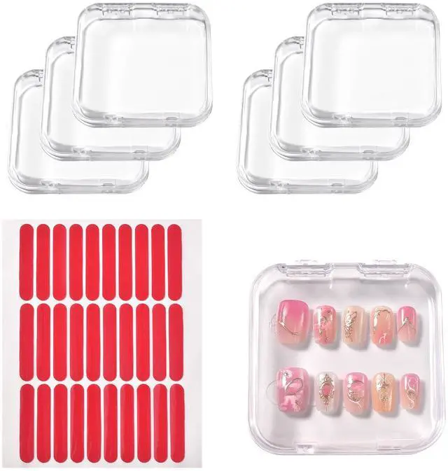 Main image of 6PCS Press on Nail Storage Box, Press On Nail Package Case with 30 PCS Adhesive Double Sided Tape Organizer Nail Case Acrylic Fake Nail Display Container Artificial False Nail Packaging Box