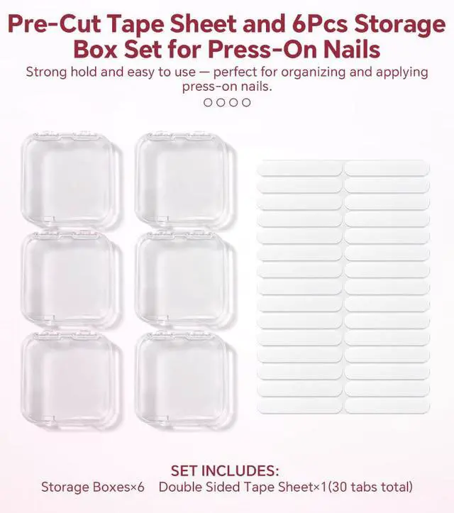 Alt view image 2 of 7 - 6PCS Press on Nail Storage Box, Press On Nail Package Case with 30 PCS Adhesive Double Sided Tape Organizer Nail Case Acrylic Fake Nail Display Container Artificial False Nail Packaging Box