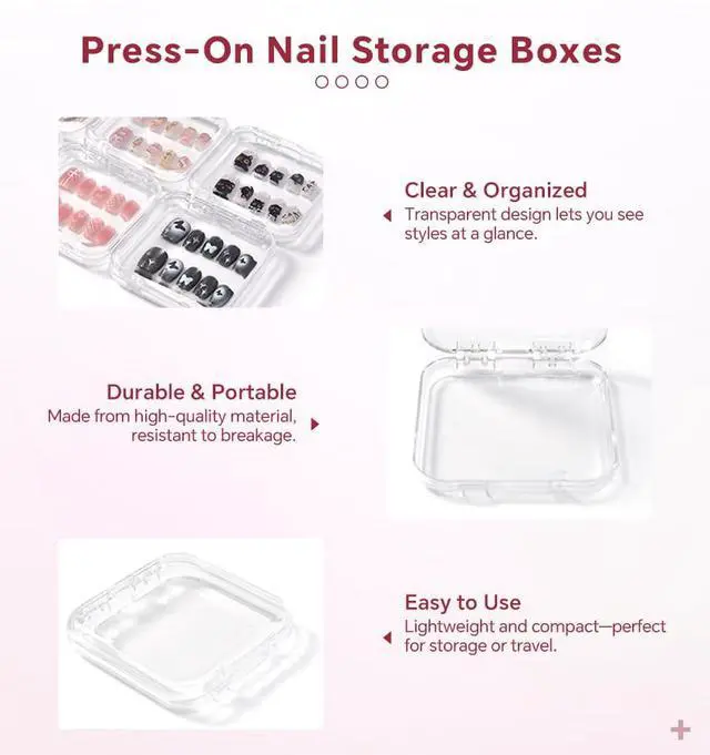 Alt view image 4 of 7 - 6PCS Press on Nail Storage Box, Press On Nail Package Case with 30 PCS Adhesive Double Sided Tape Organizer Nail Case Acrylic Fake Nail Display Container Artificial False Nail Packaging Box