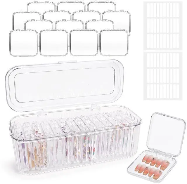 Main image of Press On Nail Organizer 14 PCS Clear Press On Nail Storage Boxes and 1 Big Storage box with 60 Pcs Adhesive Double Sided Tape,Press On Nail Packaging for Fake Nail Storage Nail Display Nail Salon.