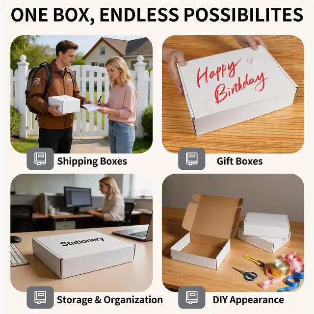 Alt view image 6 of 7 - 12" x 9" x 3" White Corrugated Cardboard Shipping Boxes Set of 5