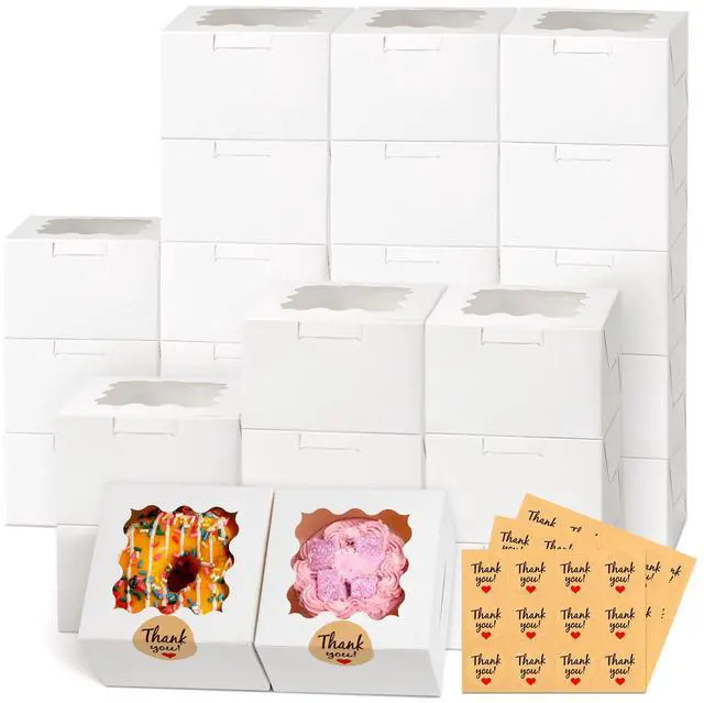 Main image of 26pcs White Cookie Boxes with Window, 4x4x2.5 Inches Small Bakery Boxes with 36pcs Stickers, for Mini Cake Cookies Treat Dessert Pastry Donuts Macaroon Strawberries Chocolate Cupcakes Candy