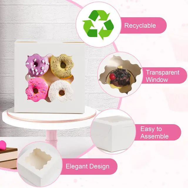 Alt view image 7 of 7 - 26pcs White Cookie Boxes with Window, 4x4x2.5 Inches Small Bakery Boxes with 36pcs Stickers, for Mini Cake Cookies Treat Dessert Pastry Donuts Macaroon Strawberries Chocolate Cupcakes Candy