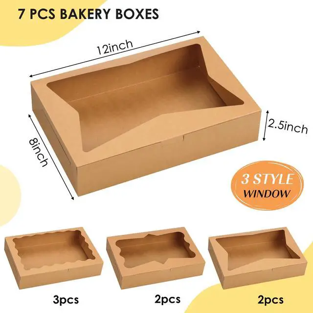 Alt view image 2 of 7 - 7pcs Cookie Boxes with 3 Style Window,12x8x2.5 In Brown Bakery Boxes