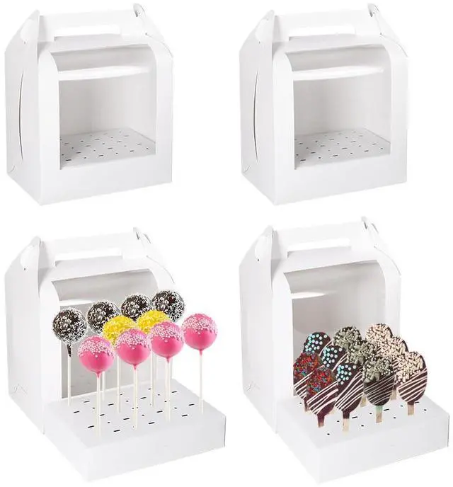 Main image of Portable Cake Pop Holder Boxes: 4Pcs Cake Packaging Containers with Clear Window - Lollipop Display Boxes for Weddings Baby Showers Birthday Parties