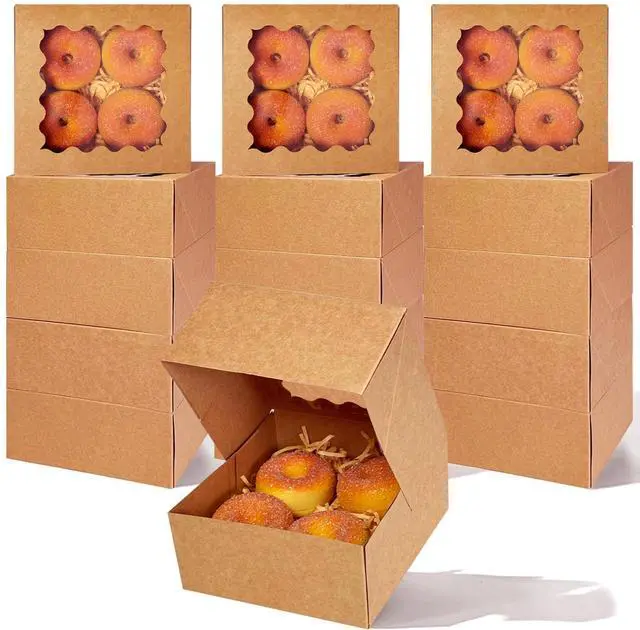 Main image of Auto-pop up 6x6x3 Inch Brown Cookie Box with Window 30Pcs Pastry Macaron Bakery Box For Packaging