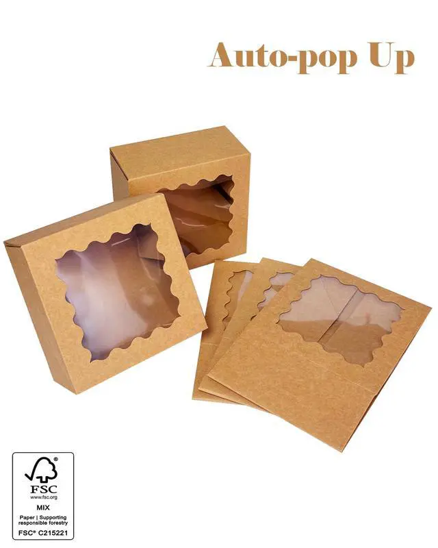 Alt view image 3 of 7 - Auto-pop up 6x6x3 Inch Brown Cookie Box with Window 30Pcs Pastry Macaron Bakery Box For Packaging