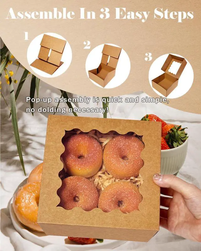 Alt view image 5 of 7 - Auto-pop up 6x6x3 Inch Brown Cookie Box with Window 30Pcs Pastry Macaron Bakery Box For Packaging