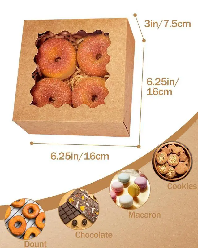 Alt view image 6 of 7 - Auto-pop up 6x6x3 Inch Brown Cookie Box with Window 30Pcs Pastry Macaron Bakery Box For Packaging