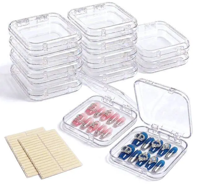 Main image of 12 Pcs Press on Nail Storage Box with 60 Pcs Double Sided Adhesive Tapes, Nail Packaging Boxes Fake Nail Display Case Crystal Clear Nail Storage Box with Gift Box for Nail Art Business Nail Salon