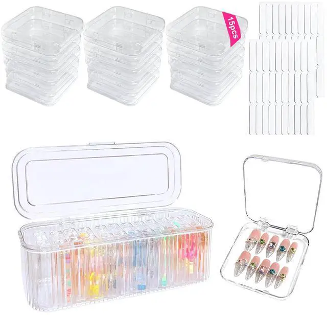 Main image of Press On Nail Organizer Box Kit,15 PCS Clear Press On Nail Storage Boxes and 1 Large Container Box,60pcs Adhesive Tape, Fake Nail Organizer Display Case Press On Nail Packaging for Home Nail Salon Use