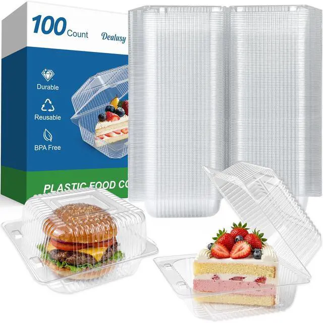Main image of 100 Pack Extra Heavy Duty Clear Slice Cake Carriers, Plastic Food Storage Containers, Premium Disposable Takeout Containers with Lids, To Go Boxes for Hamburger, Cake, Dessert, Salad, Sandwich
