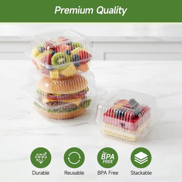 Alt view image 3 of 7 - 100 Pack Extra Heavy Duty Clear Slice Cake Carriers, Plastic Food Storage Containers, Premium Disposable Takeout Containers with Lids, To Go Boxes for Hamburger, Cake, Dessert, Salad, Sandwich