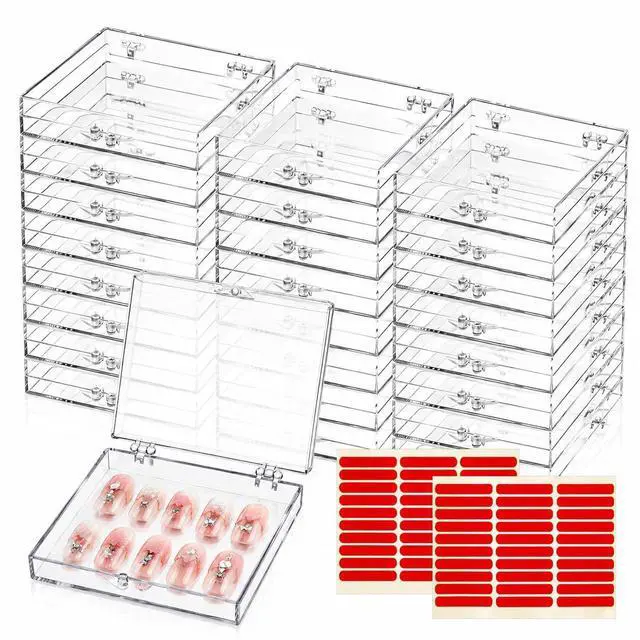Main image of 30 Pack Press on Nails Box, Clear Acrylic Press on Nail Storage Packaging Case, Empty Nail Containers with Adhesive Tapes for Press ons Fake Nail Art Salon Business Supplies