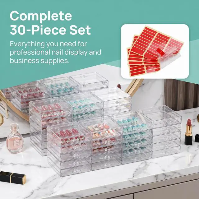 Alt view image 5 of 7 - 30 Pack Press on Nails Box, Clear Acrylic Press on Nail Storage Packaging Case, Empty Nail Containers with Adhesive Tapes for Press ons Fake Nail Art Salon Business Supplies