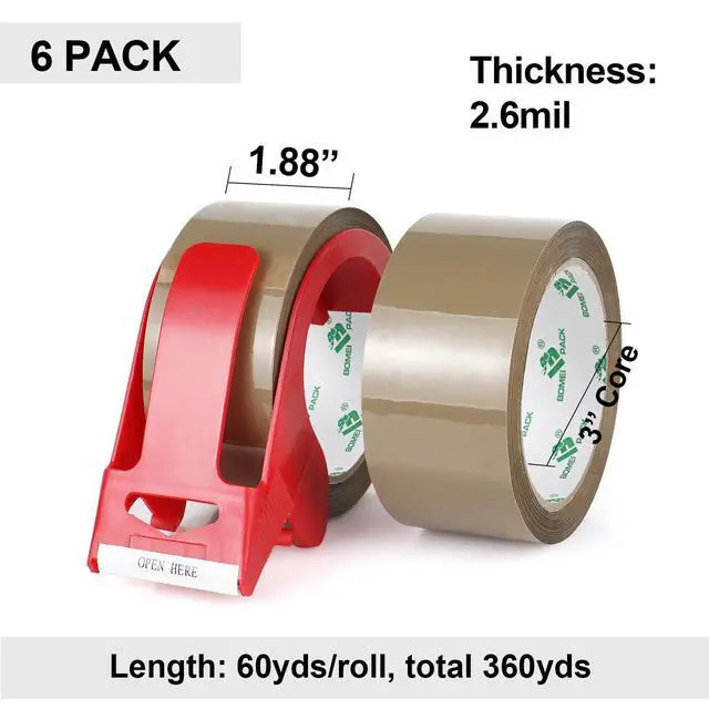 Alt view image 2 of 7 - Brown Packing Tape with Dispenser, 2.6 Mil 1.88 Inch x 60 Yards, 6 Refills Rolls Moving Tape for Box Packaging, Shipping and Storage