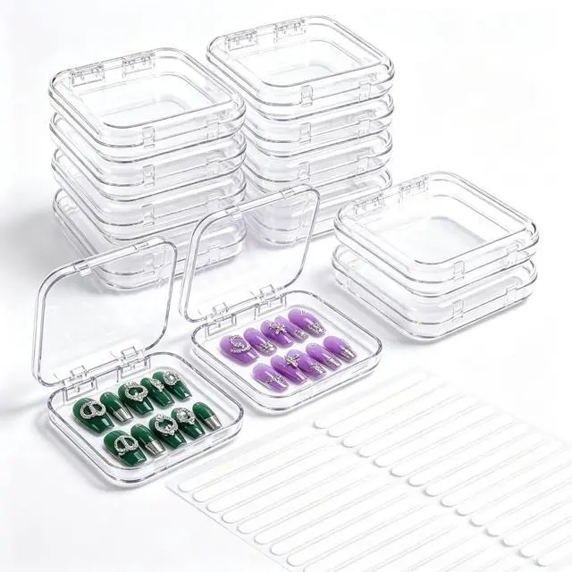 Main image of 12 Pcs Clear Acrylic Press on Nail Storage Box with 30 Pcs Adhesive Double Sided Tape, Transparent Fake Nail Organizer Display Case for Nail Salon, Home, Travel & Nail Art Packaging