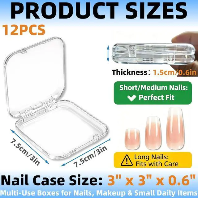 Alt view image 2 of 6 - 12 Pcs Clear Acrylic Press on Nail Storage Box with 30 Pcs Adhesive Double Sided Tape, Transparent Fake Nail Organizer Display Case for Nail Salon, Home, Travel & Nail Art Packaging
