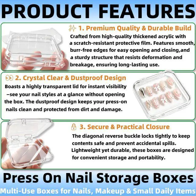 Alt view image 3 of 6 - 12 Pcs Clear Acrylic Press on Nail Storage Box with 30 Pcs Adhesive Double Sided Tape, Transparent Fake Nail Organizer Display Case for Nail Salon, Home, Travel & Nail Art Packaging