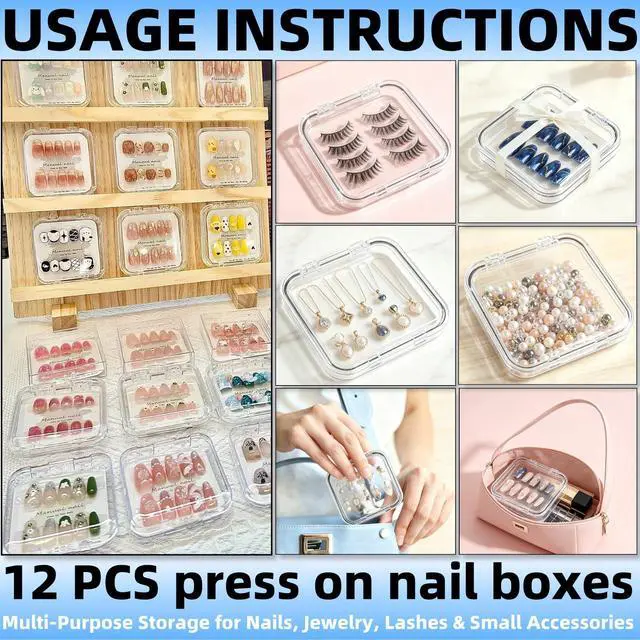 Alt view image 5 of 6 - 12 Pcs Clear Acrylic Press on Nail Storage Box with 30 Pcs Adhesive Double Sided Tape, Transparent Fake Nail Organizer Display Case for Nail Salon, Home, Travel & Nail Art Packaging