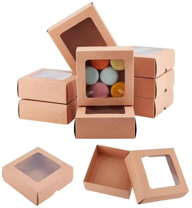 Main image of 10PCS Brown Kraft Paper Box with Clear Window, 5.12x5.12x1.97inch Square Kraft Paper Gift Box for Wedding Party Gifts, Festival Jewelry Packaging, Candy Storage